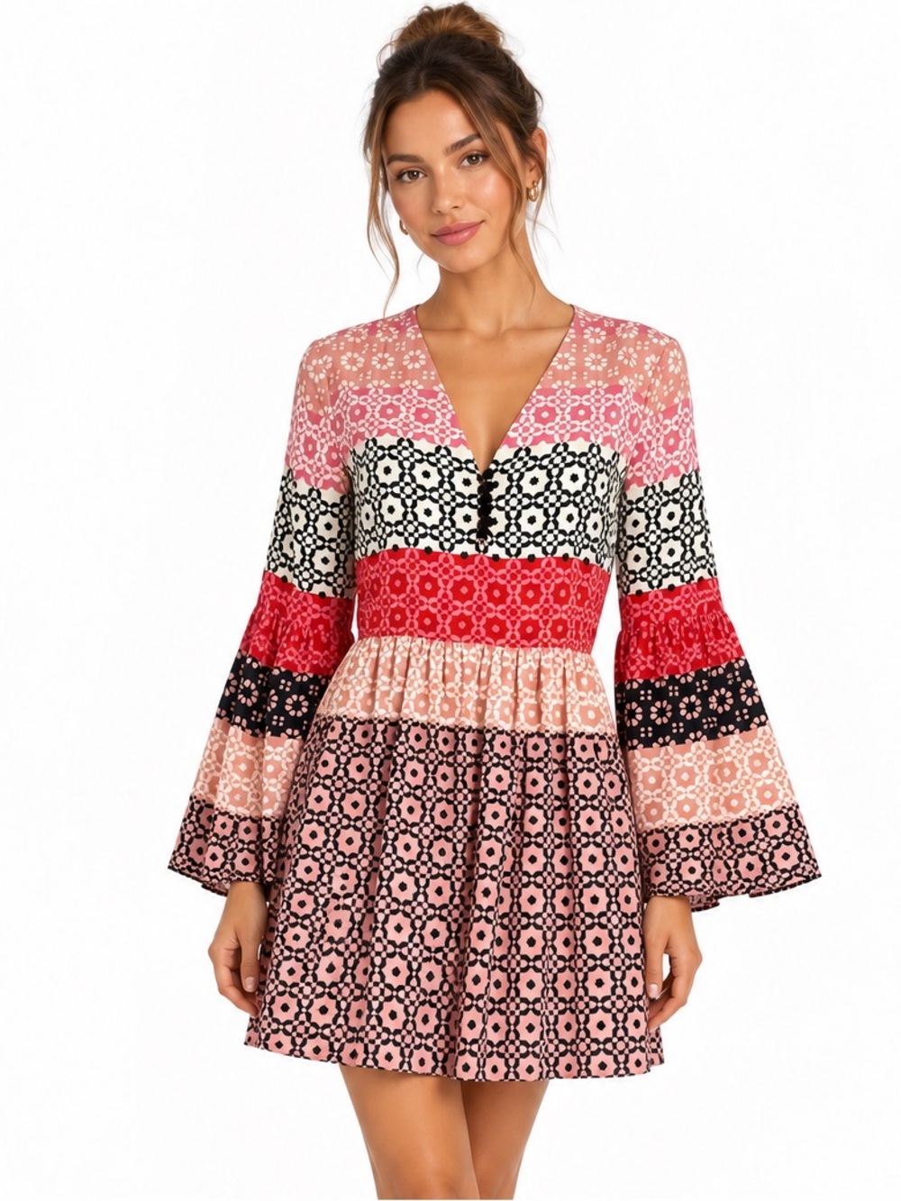 DEREK LAM 10 Crosby 100% Silk Pink Red Patterned Long-Sleeve V-Neck Mini Dress
